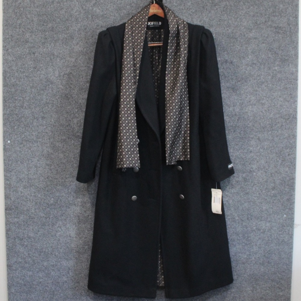 NWT VINTAGE Jofeld Black Wool Blend Double‎ Breasted Coat Shawl Set Size 12